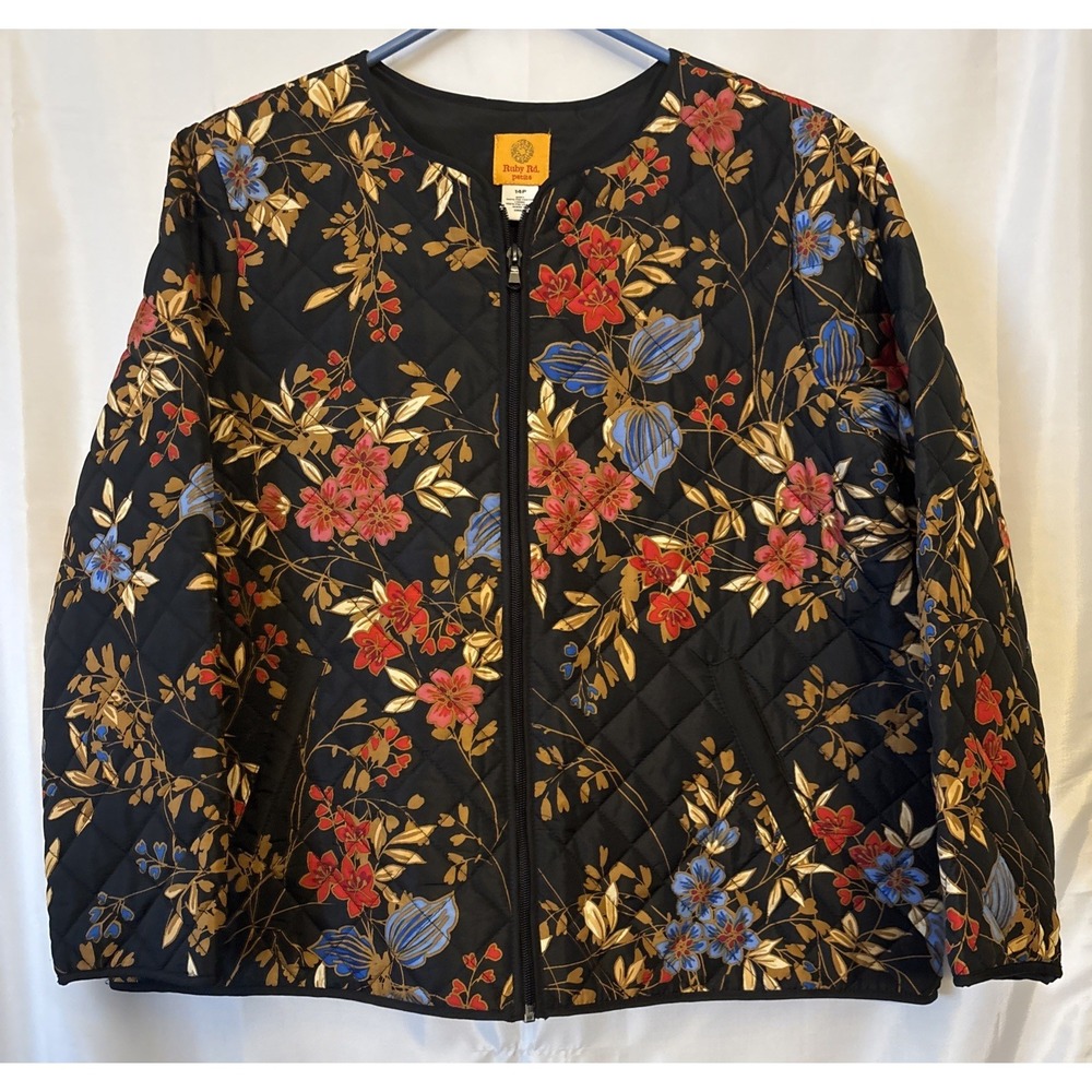 Women's Ruby Rd. Quilted Zip Jacket Shacket Black Floral Multicolor 14P NWOT‎